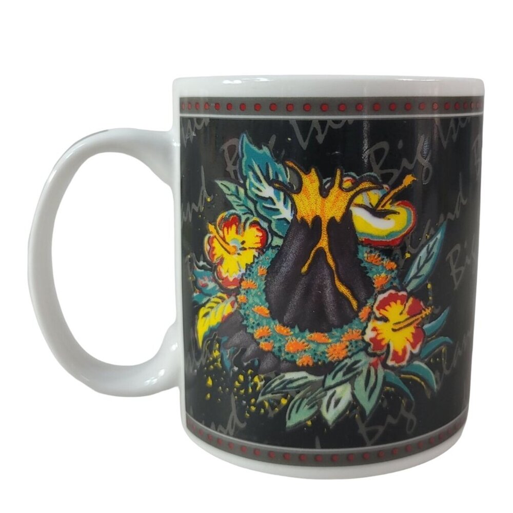 2/$15 Hilo Hattie Volcano Mug Green Big Island Hawaii Hibiscus Souvenir 2002